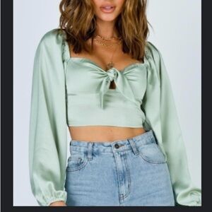 Light Green Long Sleeve Cropped Top with Tie Front